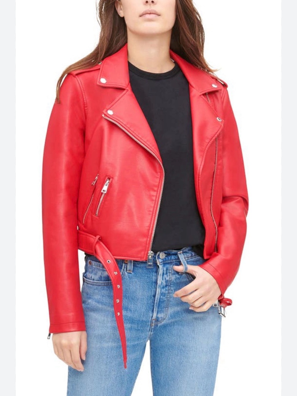 Levi’s Red Faux Leather Moto Biker Jacket with Asymmetric Zip & Belt Women’s XS